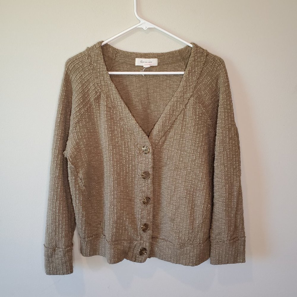 Two by Vince Camuto Cotton waffle knit v neck cardigan sweater Tan Large